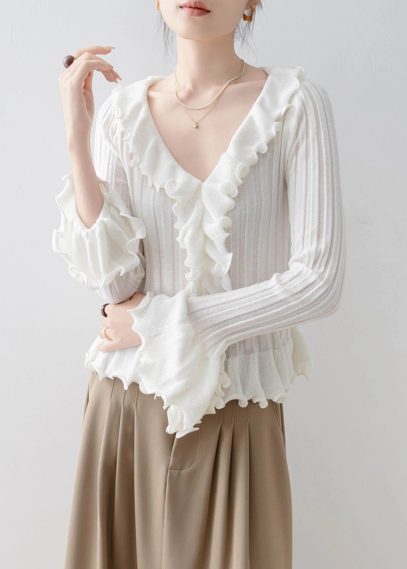 Fine Apricot Ruffled Patchwork Slim Fit Knit Top Spring - Image 4
