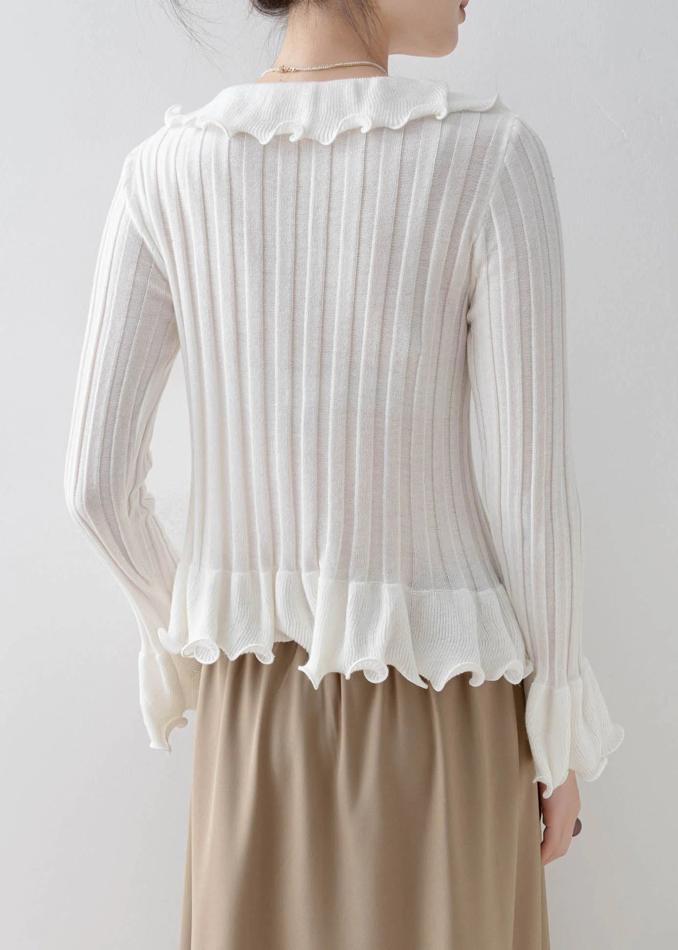 Fine Apricot Ruffled Patchwork Slim Fit Knit Top Spring - Image 5