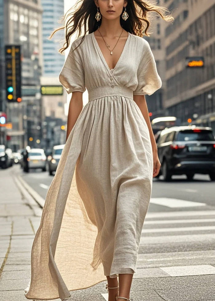 Fine Beige Cinched Cotton Long Dress Summer - Image 5