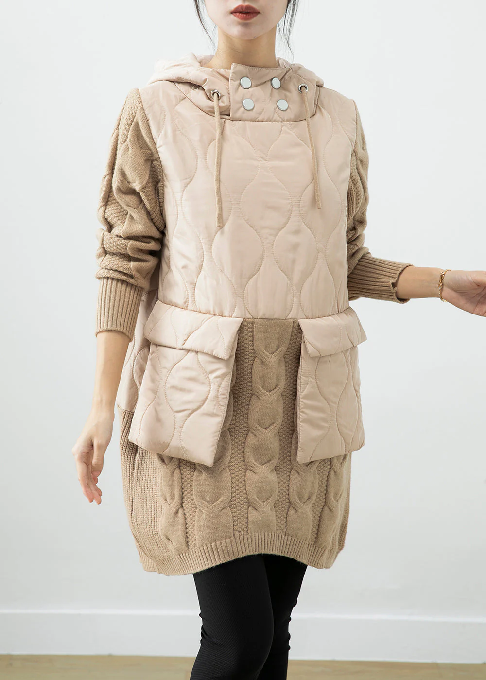 Fine Beige Oversized Patchwork Thick Warm Fleece Sweatshirt Dress Winter - Image 3