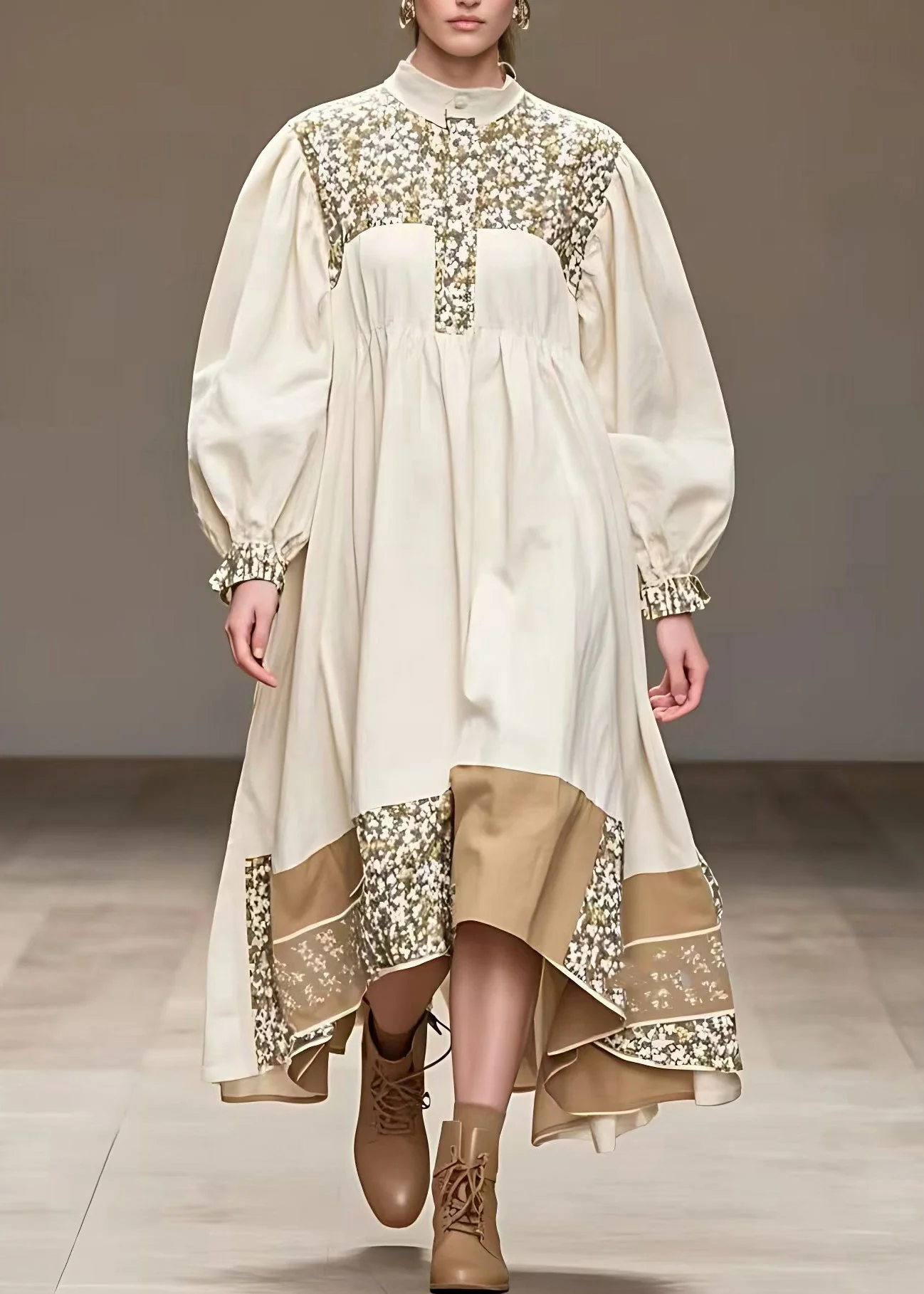 Fine Beige Peter Pan Collar Print Patchwork Maxi Dress Fall - Image 2