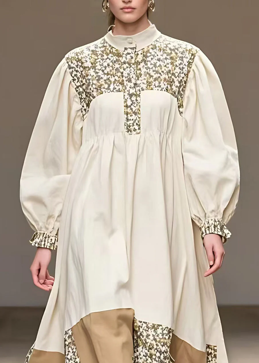 Fine Beige Peter Pan Collar Print Patchwork Maxi Dress Fall - Image 3