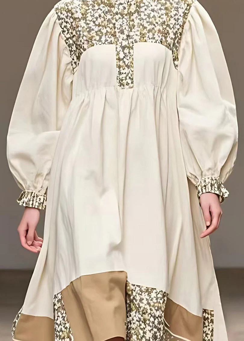 Fine Beige Peter Pan Collar Print Patchwork Maxi Dress Fall - Image 4