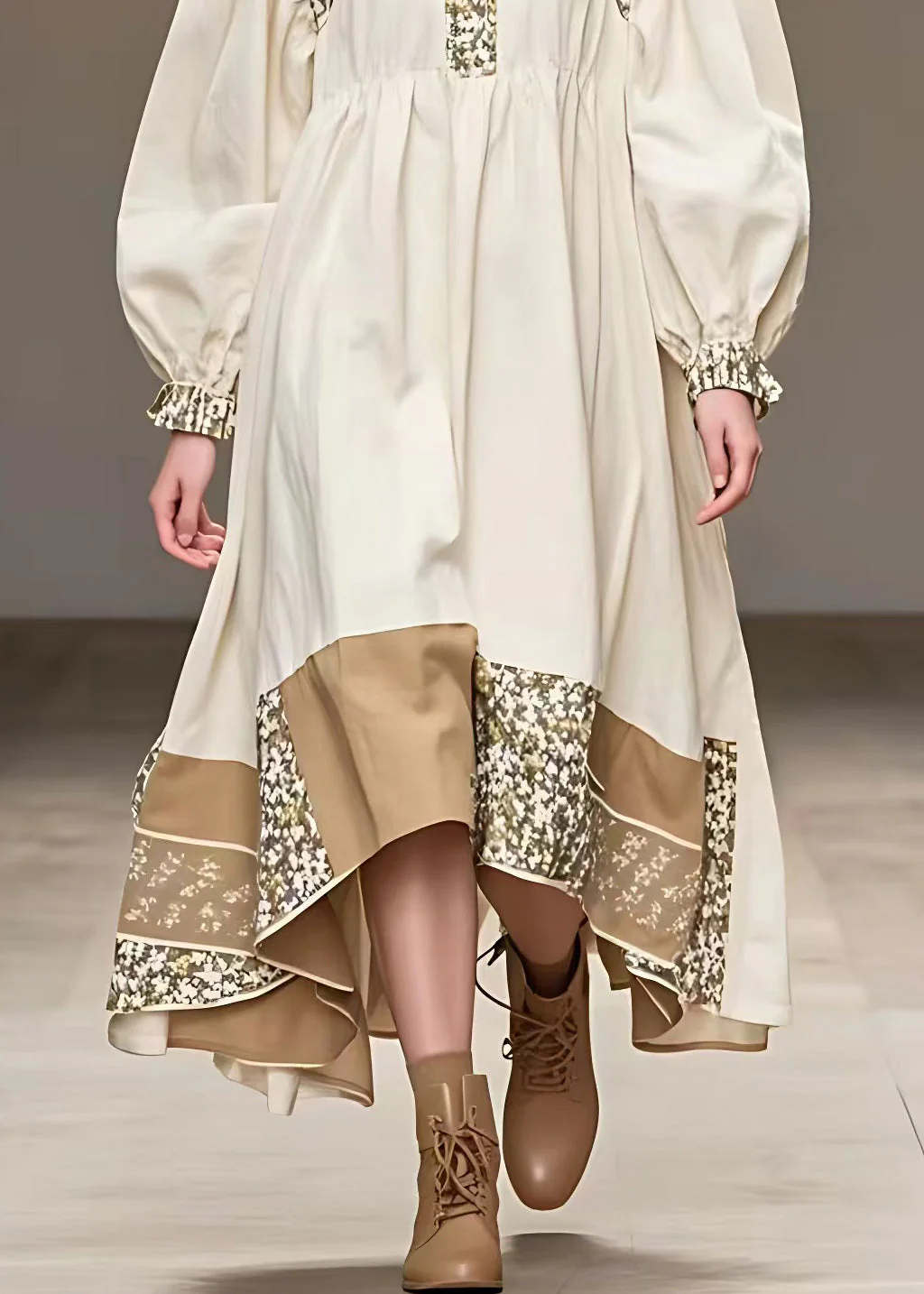 Fine Beige Peter Pan Collar Print Patchwork Maxi Dress Fall - Image 5