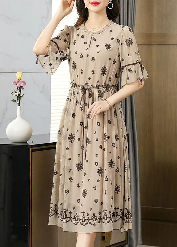 Fine Beige Ruffled Embroideried Exra Large Hem Silk Cinched Dress Summer - Image 2