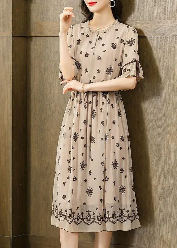 Fine Beige Ruffled Embroideried Exra Large Hem Silk Cinched Dress Summer - Image 3