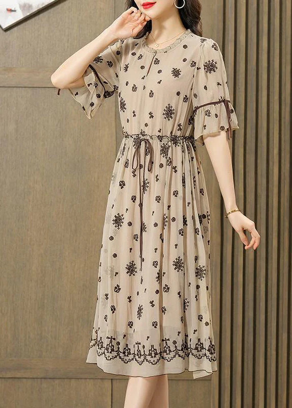 Fine Beige Ruffled Embroideried Exra Large Hem Silk Cinched Dress Summer - Image 4
