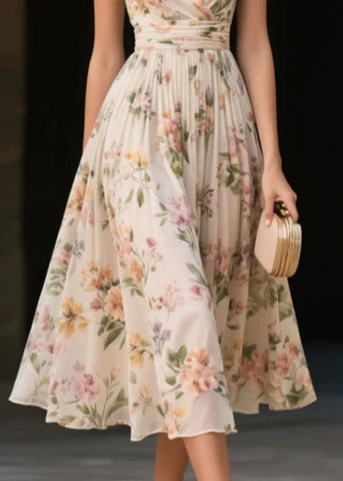 Fine Beige V Neck Print Chiffon Dress Sleeveless - Image 3