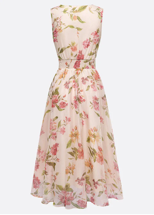 Fine Beige V Neck Print Chiffon Dress Sleeveless - Image 5