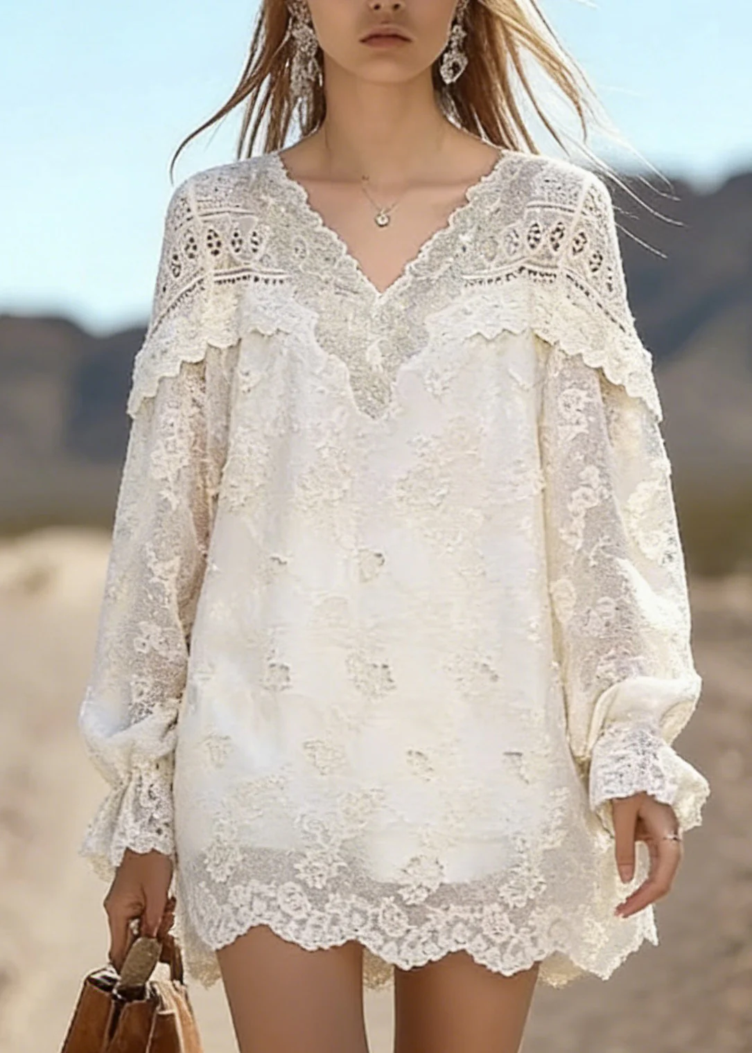 Fine Beige V Neck Ruffled Patchwork Lace Top Spring - Image 2