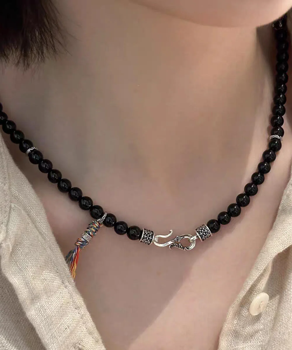 Fine Black 925 Silver Agate Inlaid Pendant Necklace - Image 3