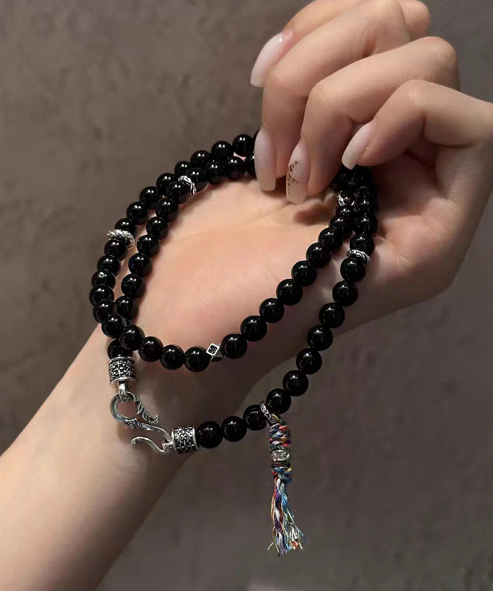 Fine Black 925 Silver Agate Inlaid Pendant Necklace - Image 4
