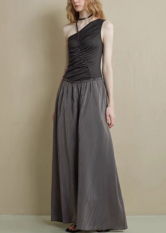 Fine Black Asymmetrical Ruffled Knitting Cotton Patchwork Long Dress Sleeveless - Image 3