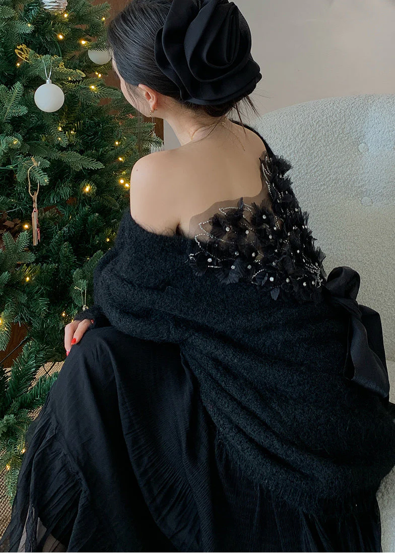 Fine Black Cold Shoulder Patchwork Knit Sweaters Winter - Image 2