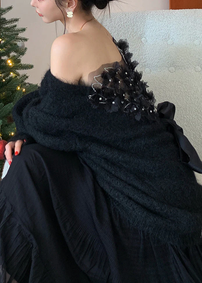 Fine Black Cold Shoulder Patchwork Knit Sweaters Winter - Image 3