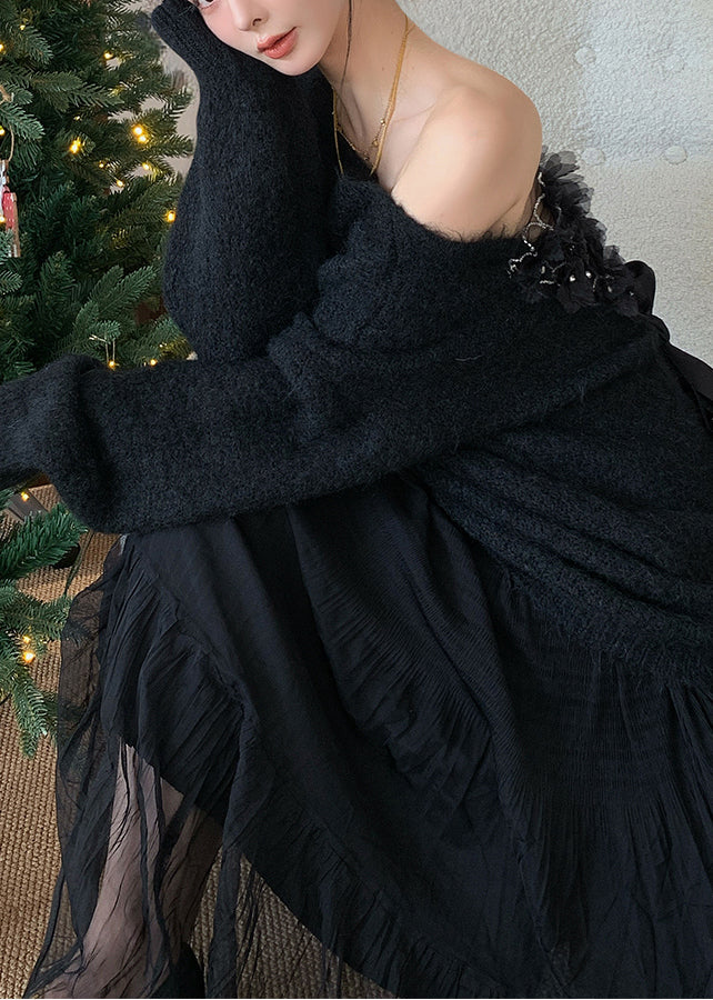 Fine Black Cold Shoulder Patchwork Knit Sweaters Winter - Image 4