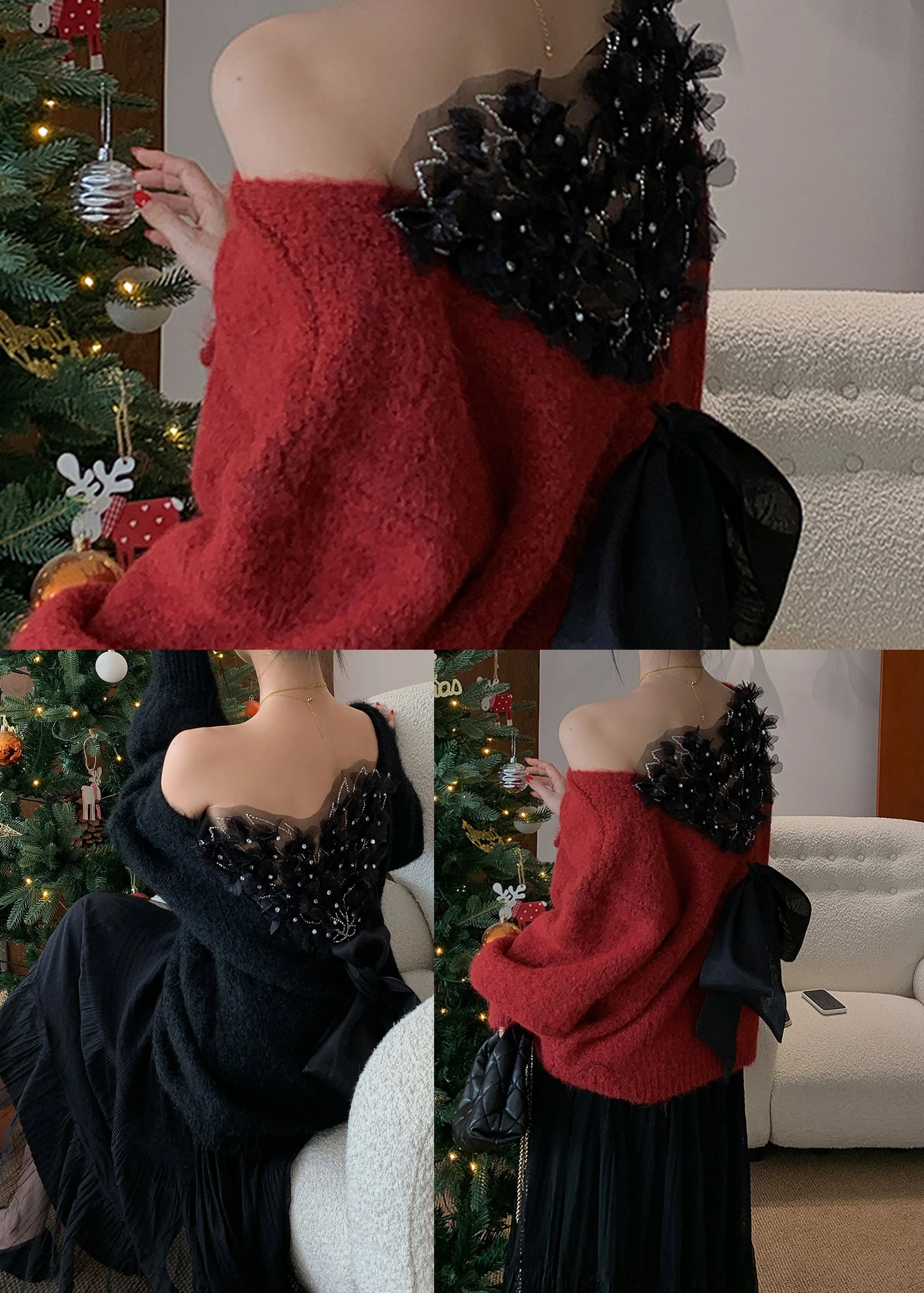 Fine Black Cold Shoulder Patchwork Knit Sweaters Winter - Image 5