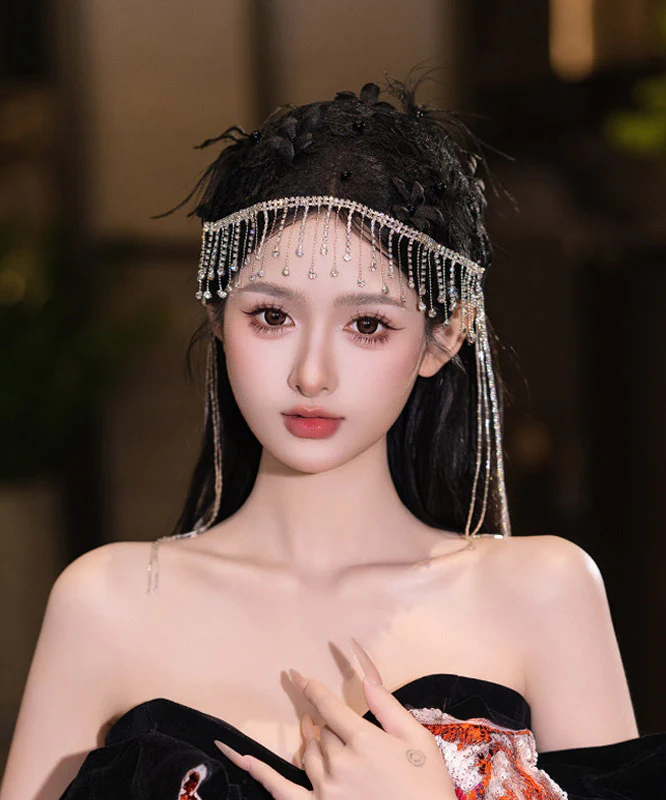 Fine Black Crystal Zircon Feather Tassel HairPiece - Image 2