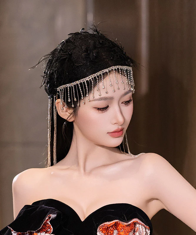 Fine Black Crystal Zircon Feather Tassel HairPiece - Image 4