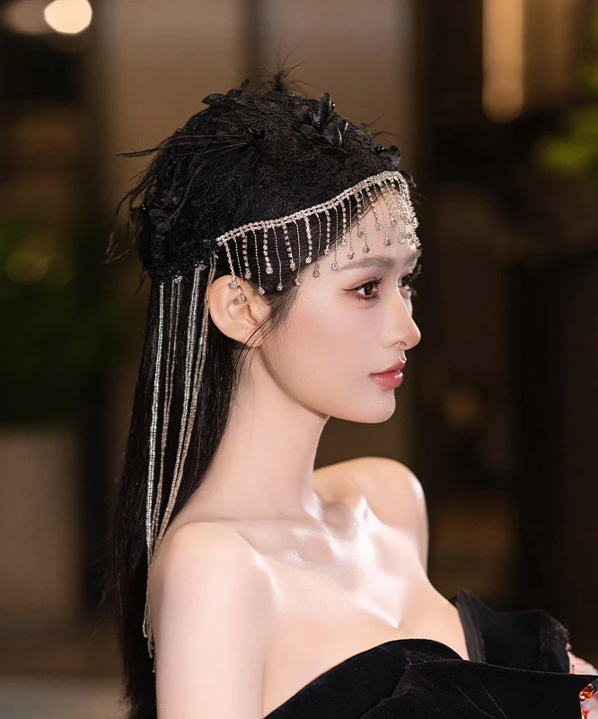 Fine Black Crystal Zircon Feather Tassel HairPiece - Image 5