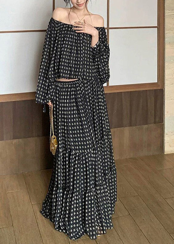 Fine Black Dot Print Top And Maxi Skirts Two Pieces Set Spring - Image 2