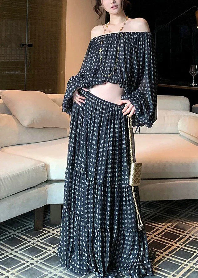 Fine Black Dot Print Top And Maxi Skirts Two Pieces Set Spring - Image 3