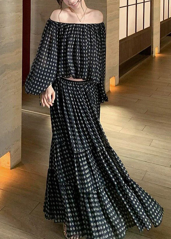Fine Black Dot Print Top And Maxi Skirts Two Pieces Set Spring - Image 4