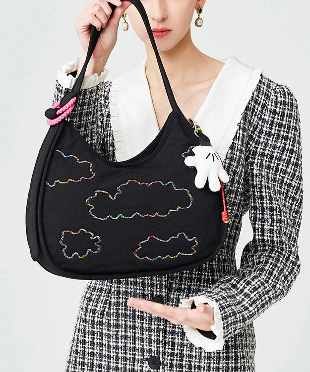 Fine Black Embroidered Pendant Decorated Cotton Hobo Bag