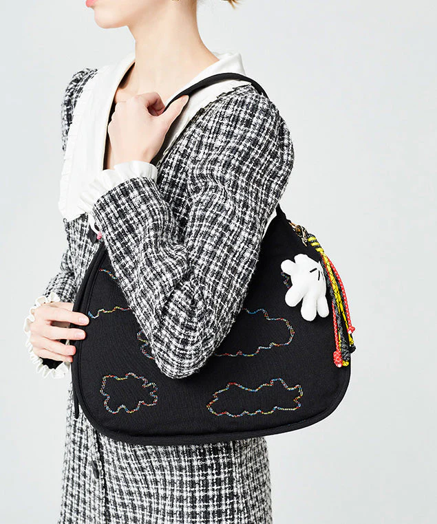 Fine Black Embroidered Pendant Decorated Cotton Hobo Bag - Image 2