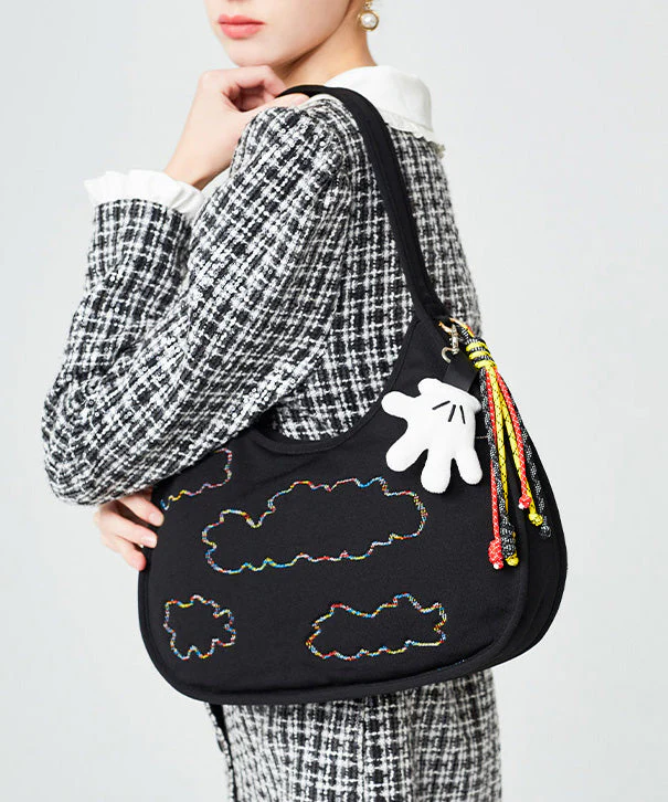 Fine Black Embroidered Pendant Decorated Cotton Hobo Bag - Image 3