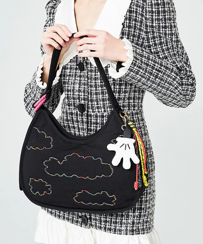 Fine Black Embroidered Pendant Decorated Cotton Hobo Bag - Image 4