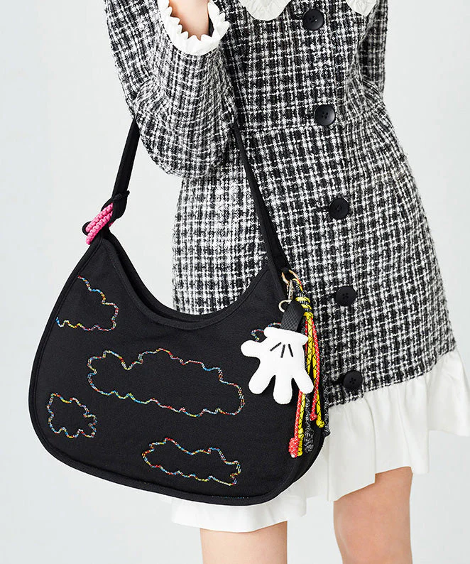 Fine Black Embroidered Pendant Decorated Cotton Hobo Bag - Image 5