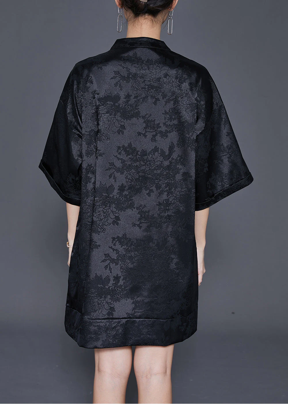 Fine Black Embroideried Chinese Button Silk Mini Dress Half Sleeve - Image 4