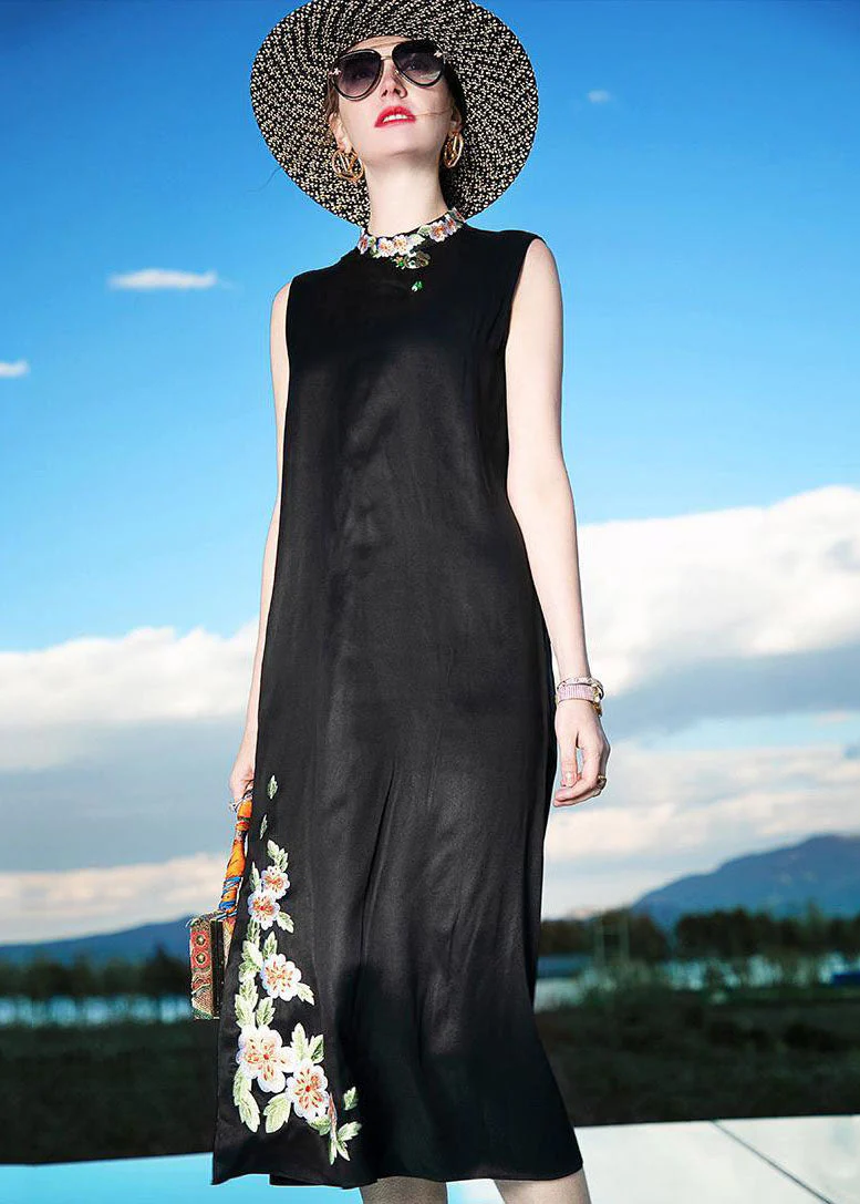 Fine Black Embroideried Patchwork Silk Dresses Sleeveless - Image 2