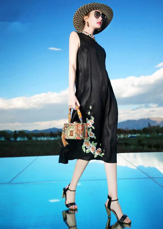 Fine Black Embroideried Patchwork Silk Dresses Sleeveless - Image 3