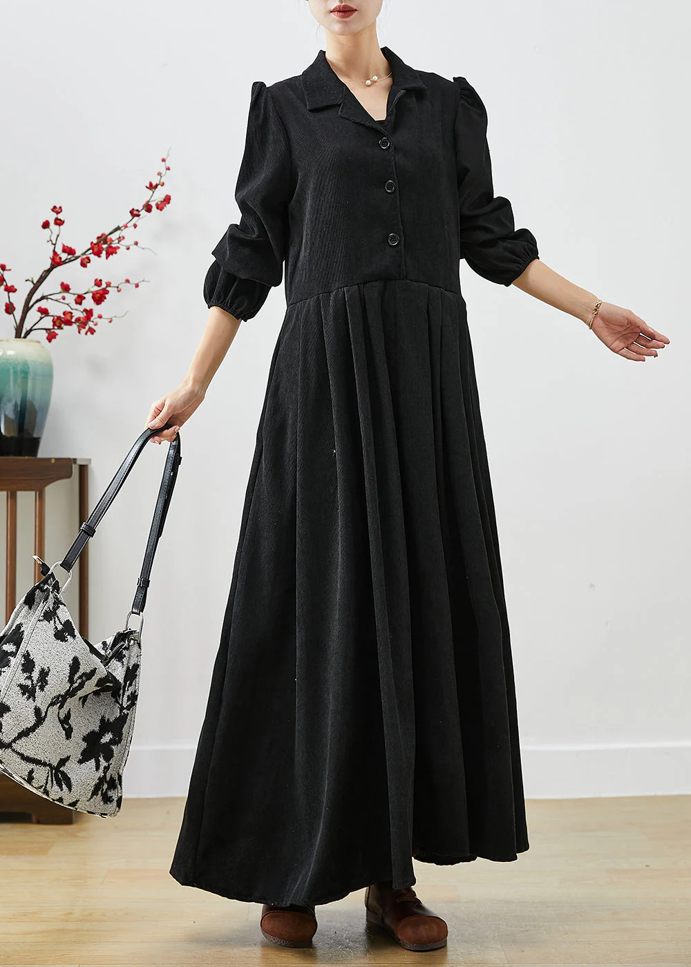 Fine Black Lapel Exra Large Hem Corduroy Holiday Dress Puff Sleeve - Image 2
