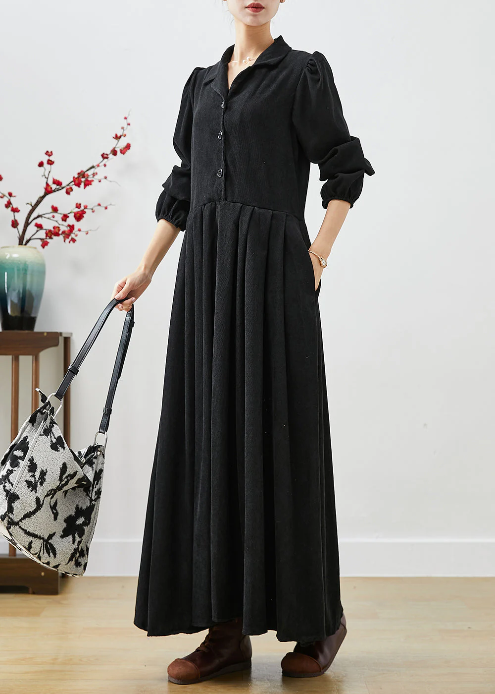 Fine Black Lapel Exra Large Hem Corduroy Holiday Dress Puff Sleeve - Image 3