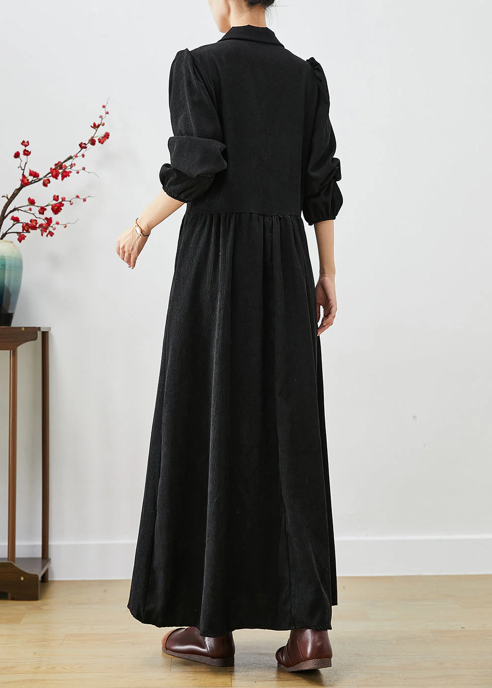Fine Black Lapel Exra Large Hem Corduroy Holiday Dress Puff Sleeve - Image 4