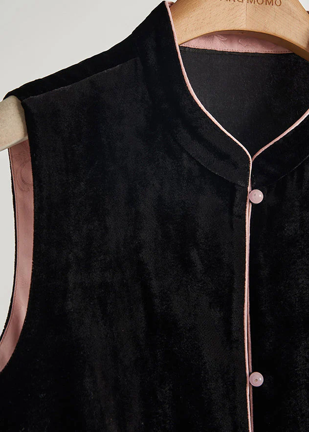 Fine Black Mandarin Collar Patchwork Flower Silk Velour Tops Fall - Image 3