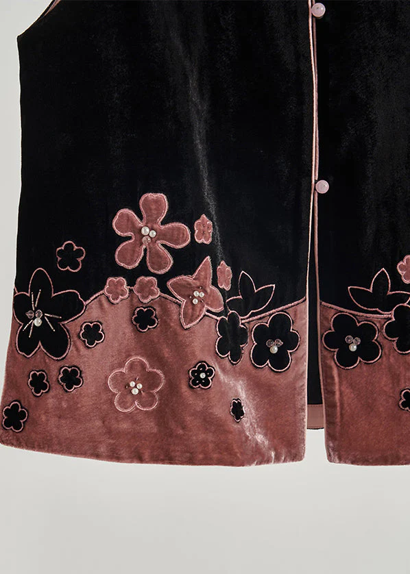 Fine Black Mandarin Collar Patchwork Flower Silk Velour Tops Fall - Image 5