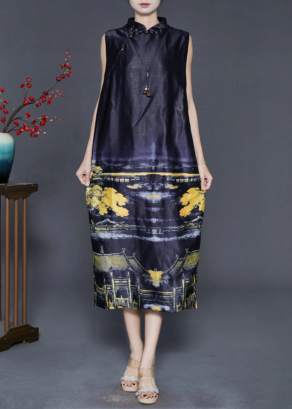 Fine Black Mandarin Collar Print Silk Dress Sleeveless - Image 2
