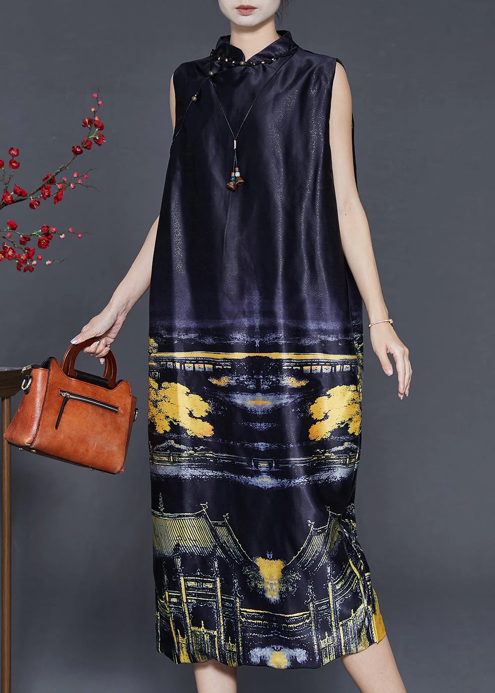 Fine Black Mandarin Collar Print Silk Dress Sleeveless - Image 3