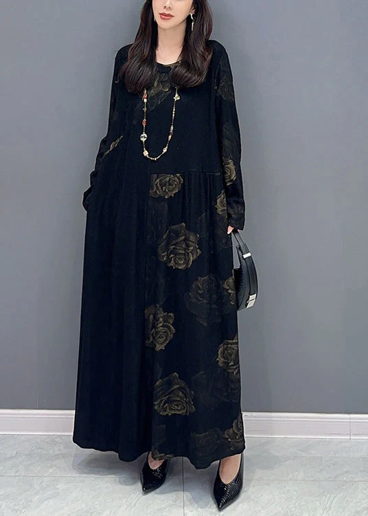 Fine Black O Neck Floral Patchwork Cotton Long Dress Fall - Image 2