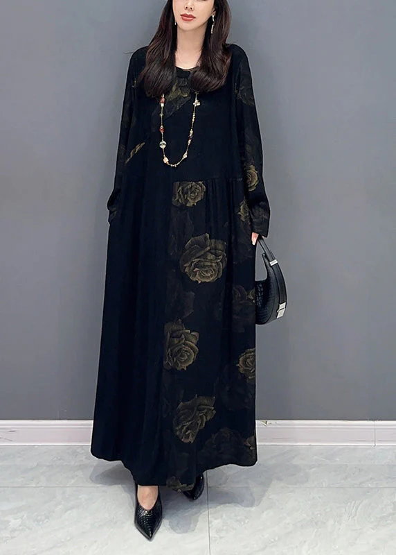Fine Black O Neck Floral Patchwork Cotton Long Dress Fall - Image 3