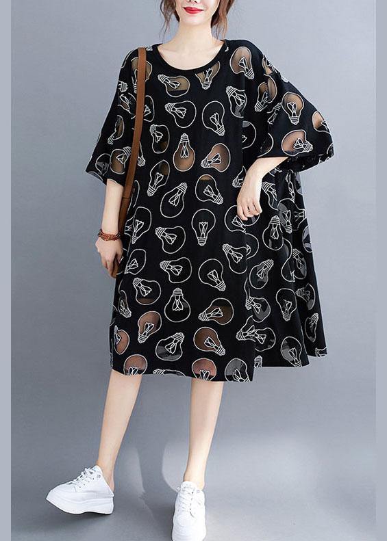 Fine Black O-Neck Loose Summer Jacquard Dresses Half Sleeve - Image 2