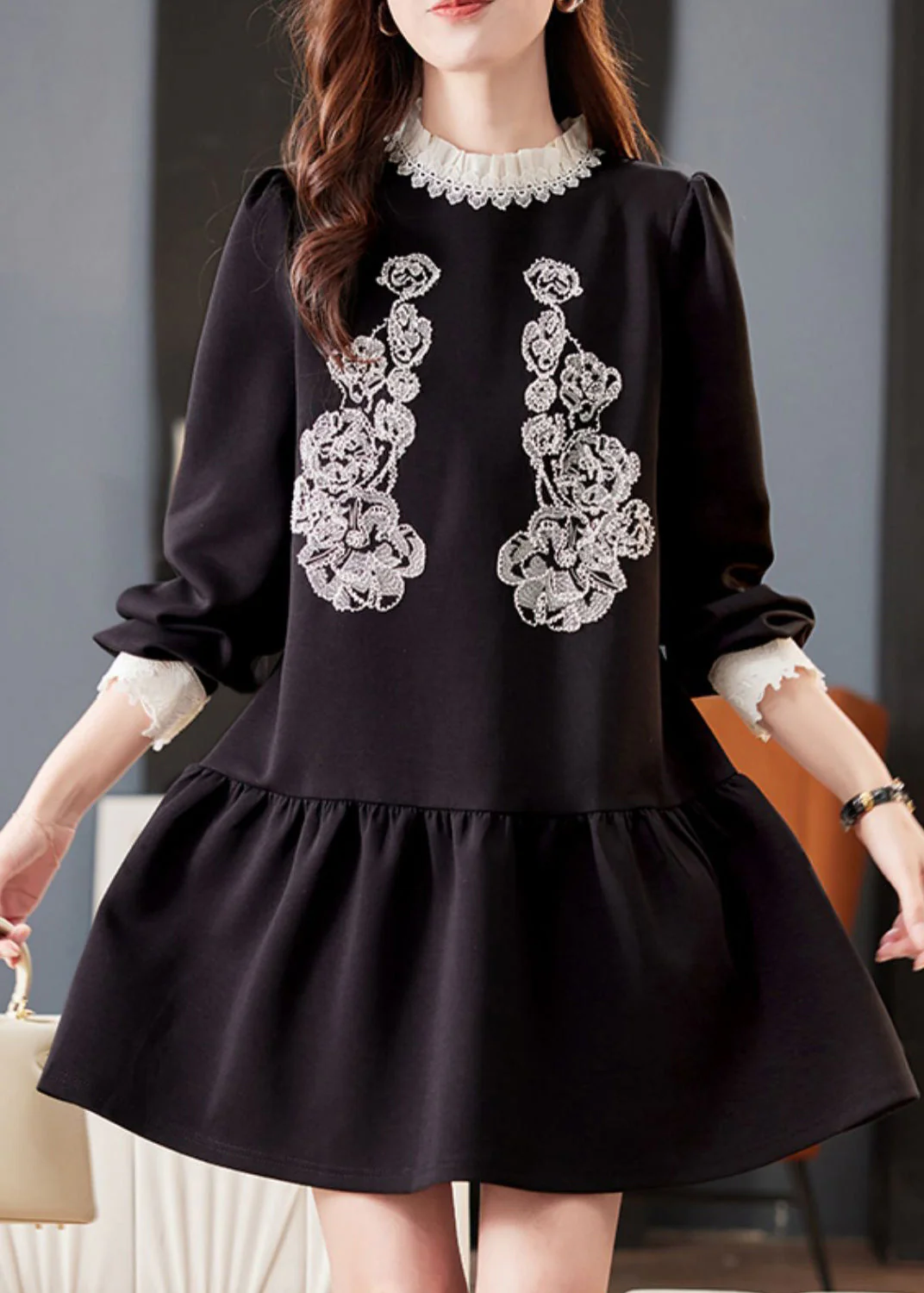 Fine Black O-Neck Patchwork Nail Bead Mid Dresses Puff Sleeve - Image 2