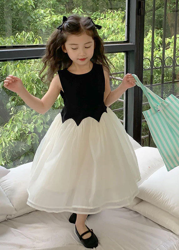 Fine Black O Neck Wrinkled Patchwork Tulle Kids Girls Dress Sleeveless - Image 2