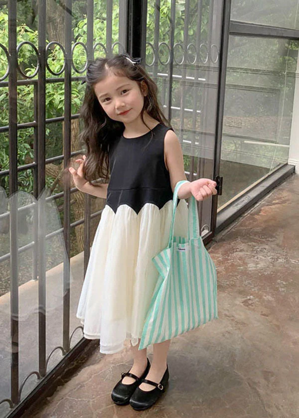 Fine Black O Neck Wrinkled Patchwork Tulle Kids Girls Dress Sleeveless - Image 3