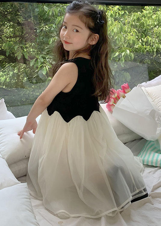 Fine Black O Neck Wrinkled Patchwork Tulle Kids Girls Dress Sleeveless - Image 4