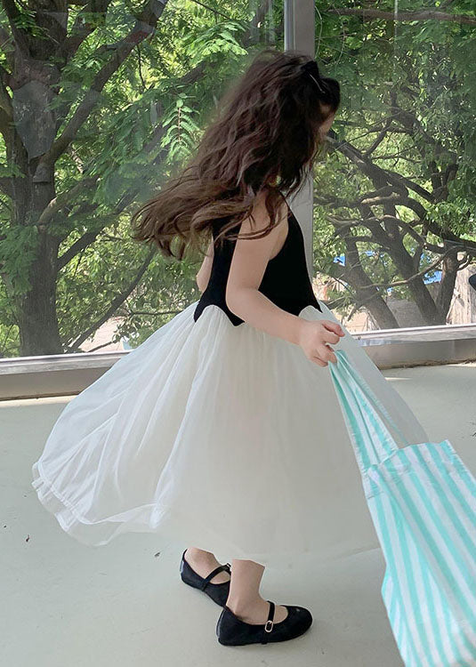 Fine Black O Neck Wrinkled Patchwork Tulle Kids Girls Dress Sleeveless - Image 5